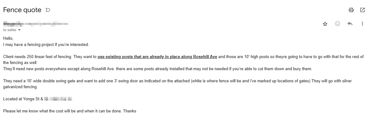 Professional fence project quote request for 250 linear feet installation utilizing existing posts along Rosehill Avenue with custom gate requirements