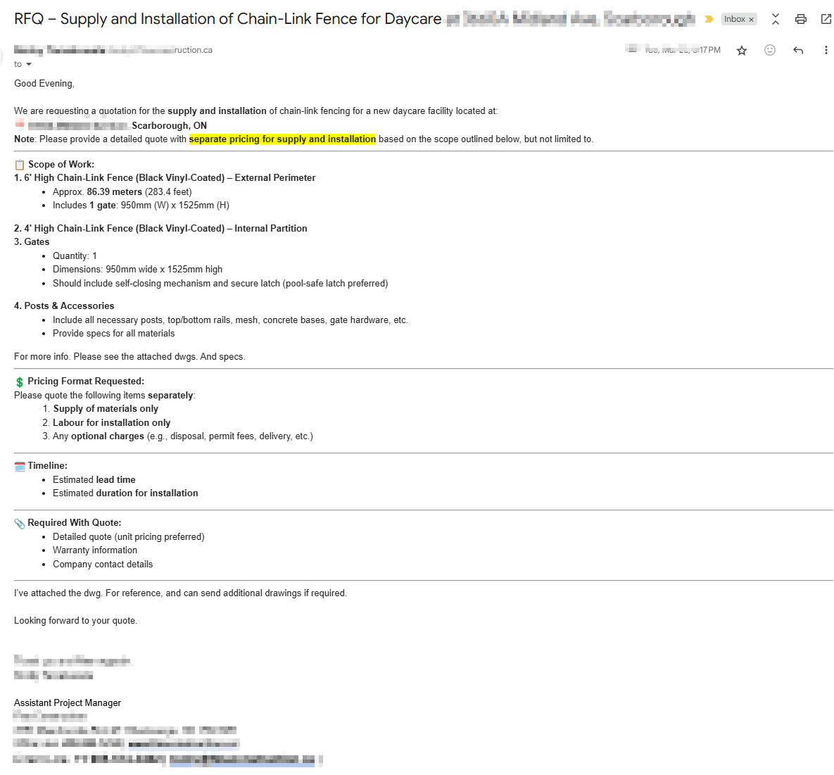 Commercial RFQ for daycare facility chain-link fence supply and installation in Scarborough Ontario, 283 linear feet with gates and specifications