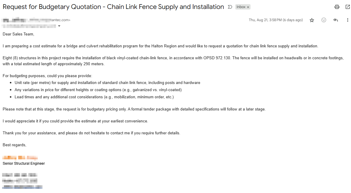 Stantec budgetary quotation request for professional engineering project